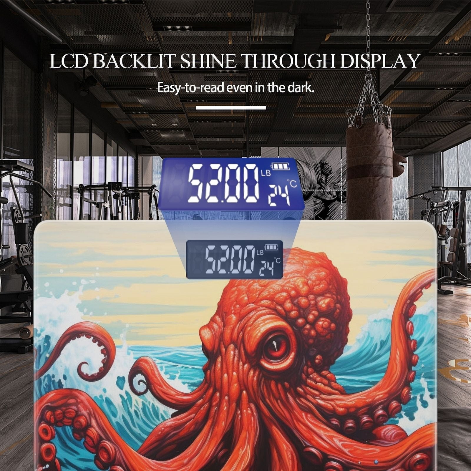 High Precision Body Weight Scale Smart Bathroom Scales with Large LCD Display(400lbs),Decorative for Bedroom-Red Octopus With Giant Waves In The Background