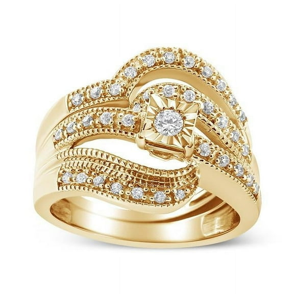 14K Yellow Gold Plated .925 Sterling Silver 0.33 CTTW Round Diamond Crisscross Engagement Ring Bridal Set, H-I Color - I1-I2 Clarity - Size 11