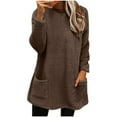 thumbnail image 3 of yoeyez Womens Plush Tops Winter Fuzzy Fleece Pullover Crewneck Long Sleeve Tunic Warm Cozy Fluffy Pajama Loungewear Top with Pockets Brown,L, 3 of 6