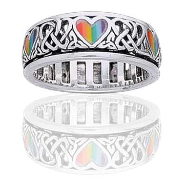 Sterling Silver Celtic Knot and Rainbow Peace Heart Spinning Ring