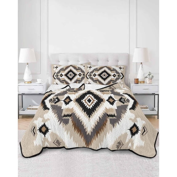 Quilts King Size, Black Brown Soft Comforter Bedding Set for Bed, Boho Vintage Southwestern Ethnic Geometric Lightweight Quilted Bedspread with Pillow Cover(2 Pieces) for All Season, 96x106 Inch