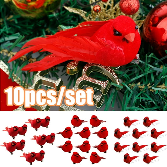 Cheers US 10Pcs Christmas Red Birds Clip on Feathered Artificial Bird with Clips Decorations for Xmas Tree Front Door Wreath Garland Craft Ornaments Decor Cute Handmade Model Party