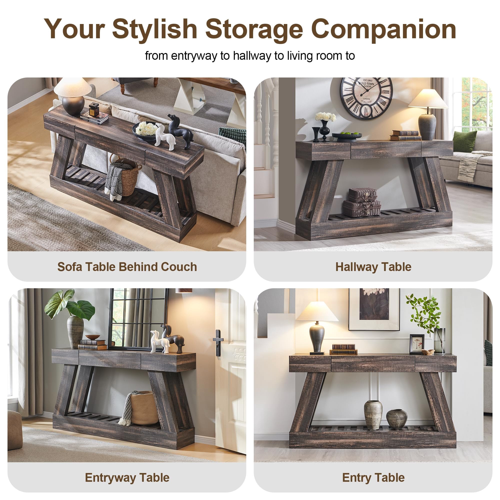 OKD 60" Wood Console Table, Farmhouse 2-Tier Sofa Table Entryway Table with Drawer & Heavy Duty Base for Entrance, Hallway, Living Room - Dark Rustic Oak