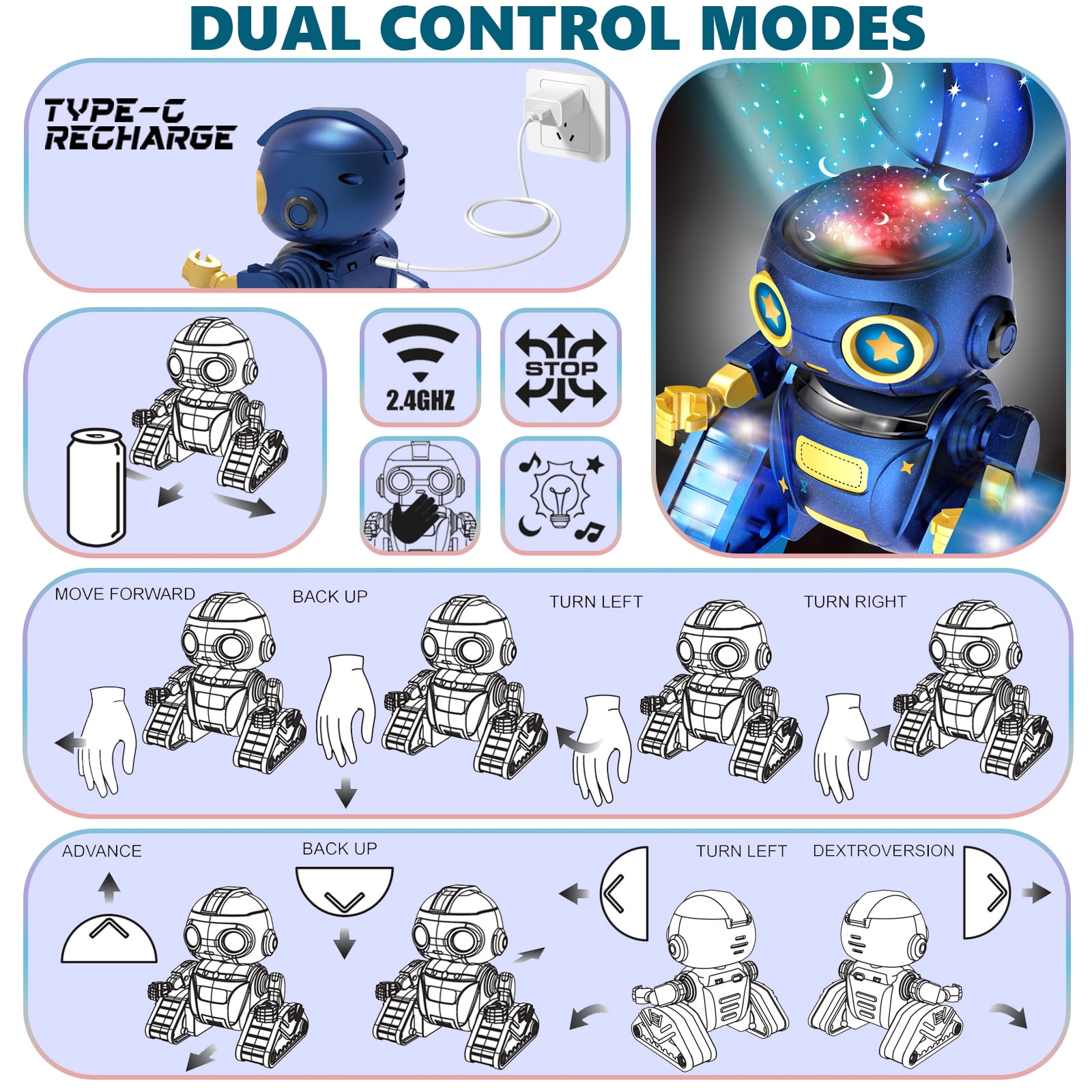 Aikmi Robot Toys for Kids 5-8, Rechargeable Remote Control Robot with Projector Night Light for Kids, Gesture Sensor, Music, Toys for 6 Year Old Boys Girls Birthday Present Christmas Gifts Boys Toys