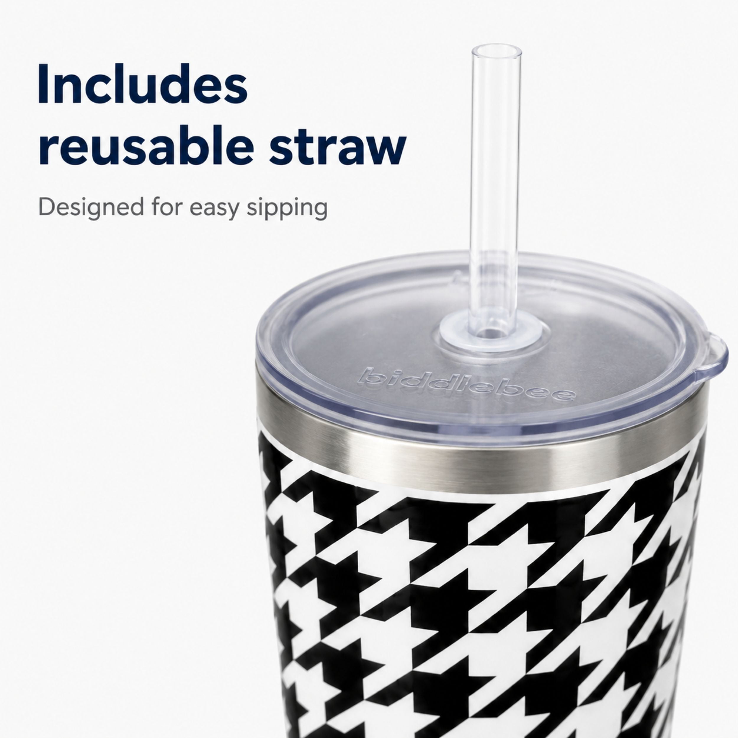 Biddlebee 20oz Insulated Stainless Steel Tumbler with Straw and Silicone Boot, Black & White Check