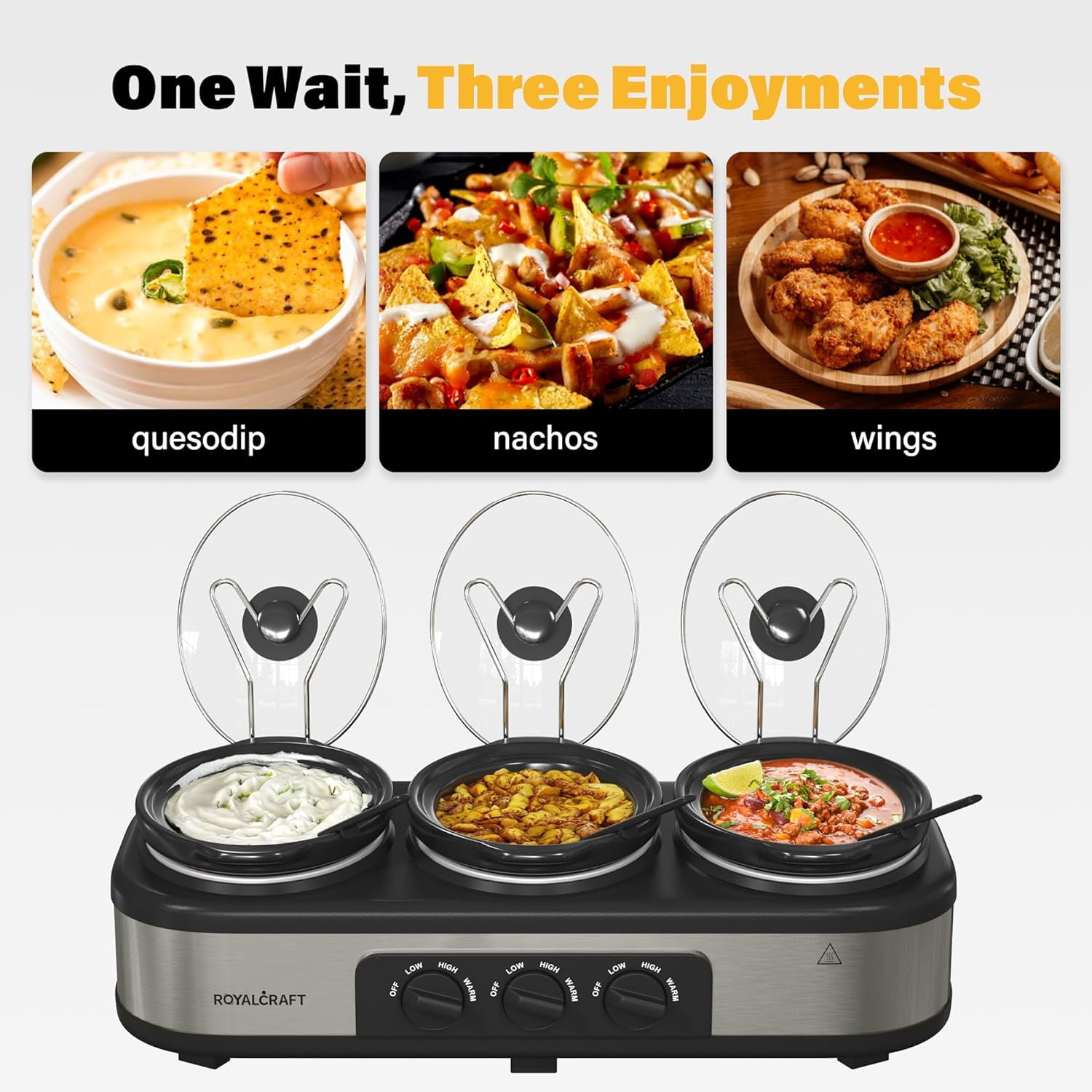 Sunvivi 3-in-1 Crock Pot Slow Cooker, 4.5QT Buffet Server and Food Warmer with 3 Removable Ceramic Pots, Crockpot with 3 Spoons and Lid Rests for Parties, Picnics, Silver