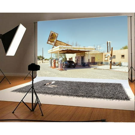 HelloDecor Polyster 7x5ft Service Station Backdrop Old Black Car Rustic House Sunshine Blue Sky White Cloud Nature Outdoor Travel Photography Background Kids Adults Photo Studio (Best Cloud Service For Photos)