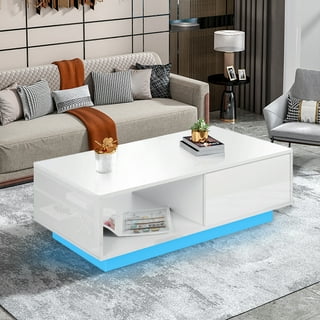 Hommpa Coffee Table with 4 Drawers LED Center Table White High Gloss ...