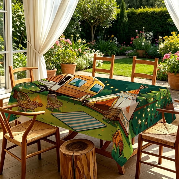 Vintage Camper RV Camping 2D Graphic Print Table Cloth, Pattern Decorative Table Cover for Kitchen Dining Outdoor Patio Garden Gatherings, Ideal Christmas Gift for Camping & Adventure Lovers