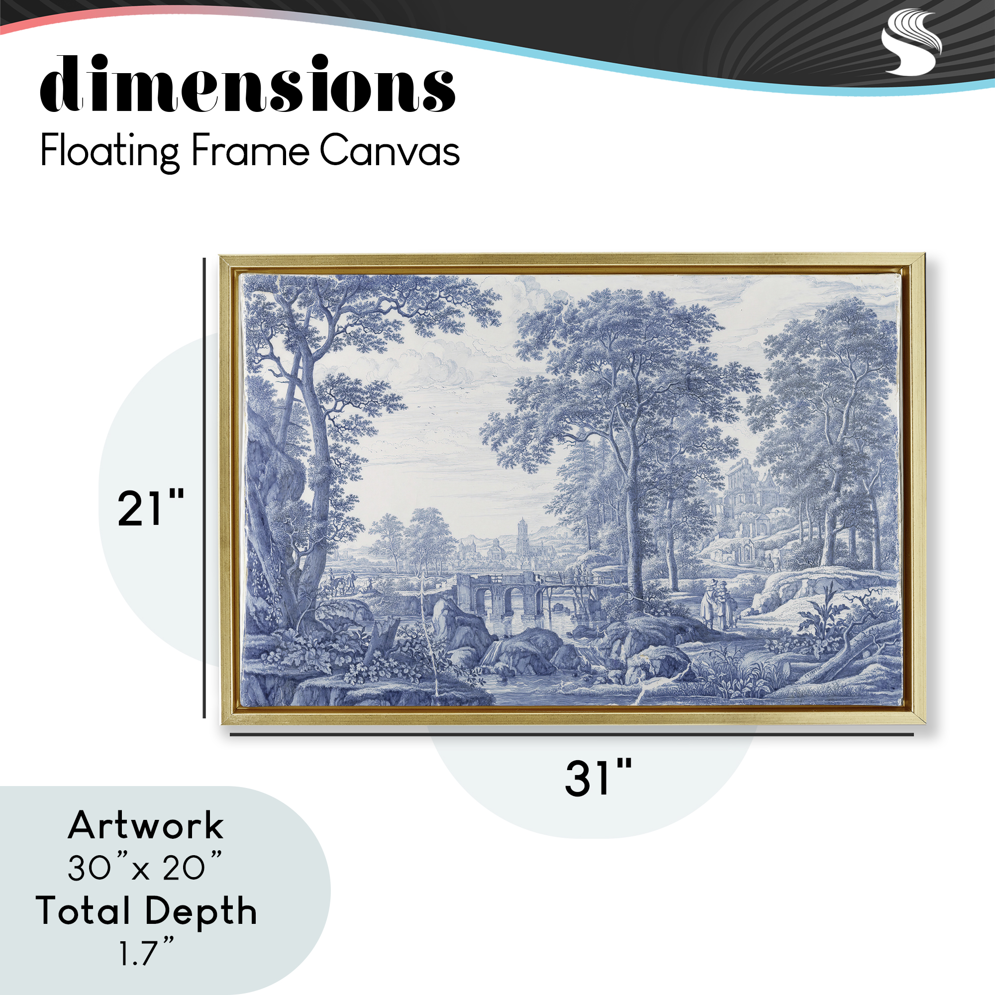 Vintage Blue Tinted Toile Gold Framed Floater Canvas Wall Art, design by Vintage Hustle