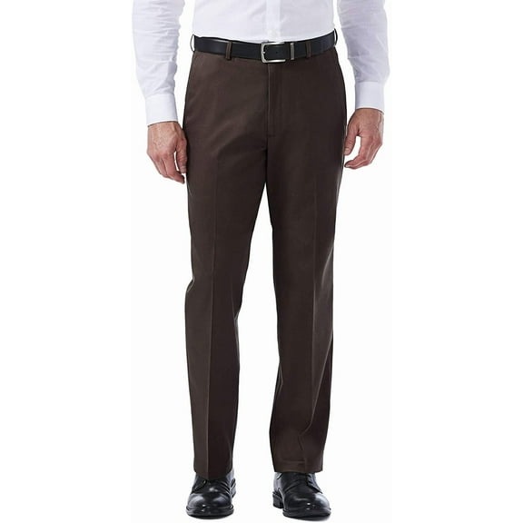 Haggar Mens Premium No Iron Khaki Classic Fit Expandable Waist Flat Front Pant