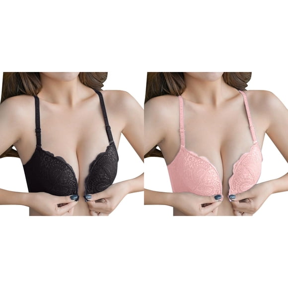 2 Pack(Pink 1PCS & Black 1PCS) Multipack Bra's Womens No Steel Ring French Womens Front Close Bra T Back Plus Small Bra Size Seamless Unlined Bra for Large Bust