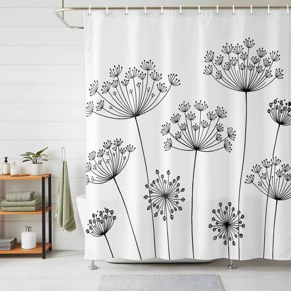 Shower Curtain Black Dandelion Shower Curtains for Bathroom Decor, Waterproof Polyester Shower Curtain Set with Hooks, Extra Long 72" x 96" White
