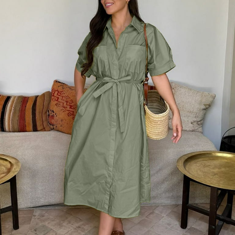 Efsteb Short Sleeve Dresses for Women 2025 Button Lapel Tie Shirt Dress Elegant Solid Color Maxi Dresses (Army Green,M), Women's, Size: Medium