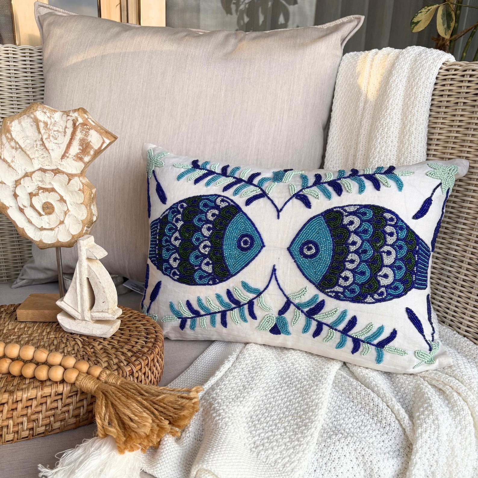 Decorative Oblong / Lumbar Throw Pillow Covers Accent Pillows Couch Sofa Pillow Case 12x22 inch (30x55 cm) White Silk Dupioni Bead Embroidery - Fish Tales