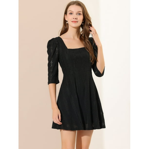 Allegra K Women s Square Neck Lace Puff Sleeve Dress Walmart