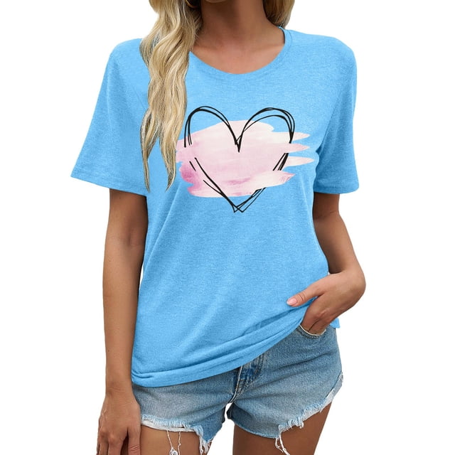 LUOGENLI T-shirts pour Femmes Mode Décontractée Chemises Imprimées Col Rond Manches Courtes Tee Tops Tunique Blouse T-shirts Amusants Graphiques Saint-Valentin Bleu Clair TG