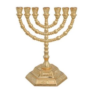 Gold 7-Branch Menorah with 12 Tribes of Israel Design