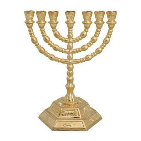 Gold 7-Branch Menorah with 12 Tribes of Israel Design