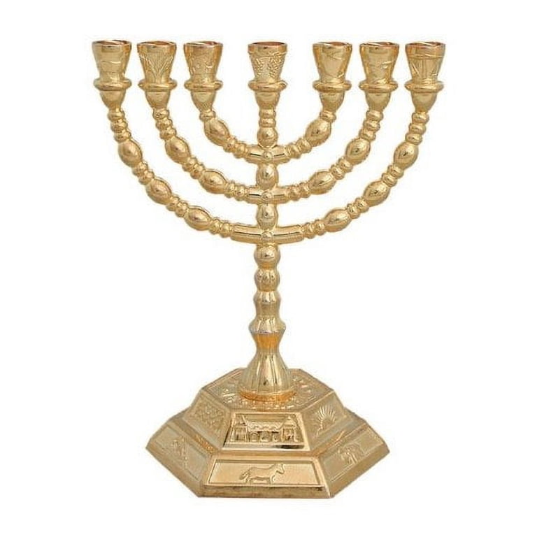 Gold 7-Branch Menorah with 12 Tribes of Israel Design photo 1