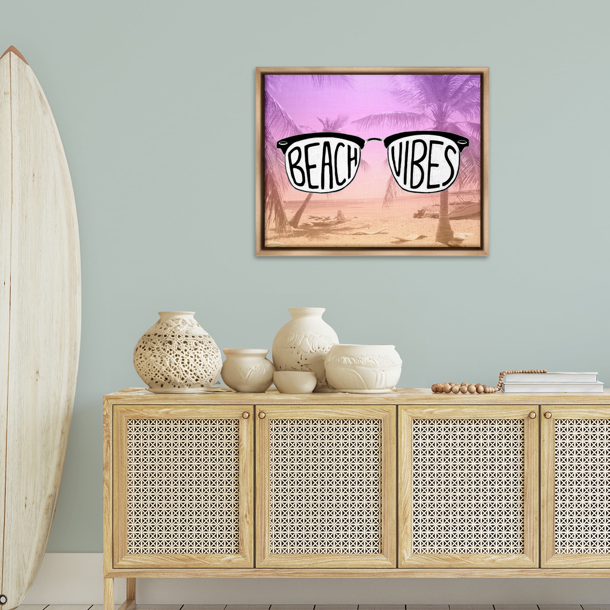 Stupell Industries Tropical Beach Vibes Typography Painting Brown Floater Framed Canvas Art Print Wall Art, 31 x 25