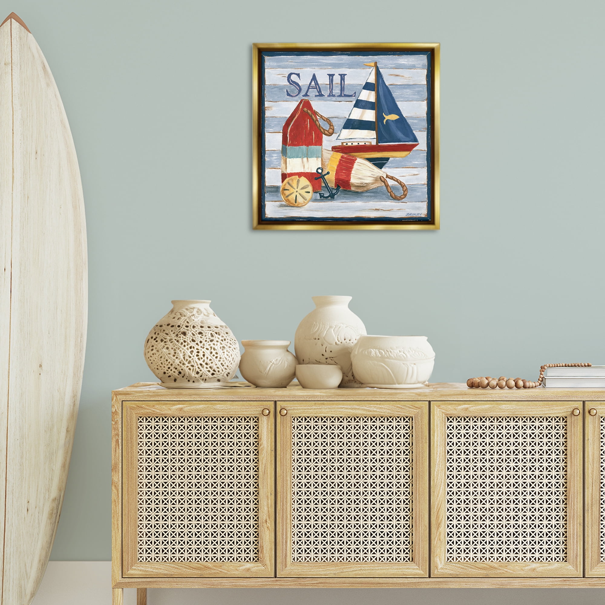 Stupell Industries Sail Boat & Buoys Nautical & Beach Painting Gold Floater Framed Canvas Art Print Wall Art, 25 x 25