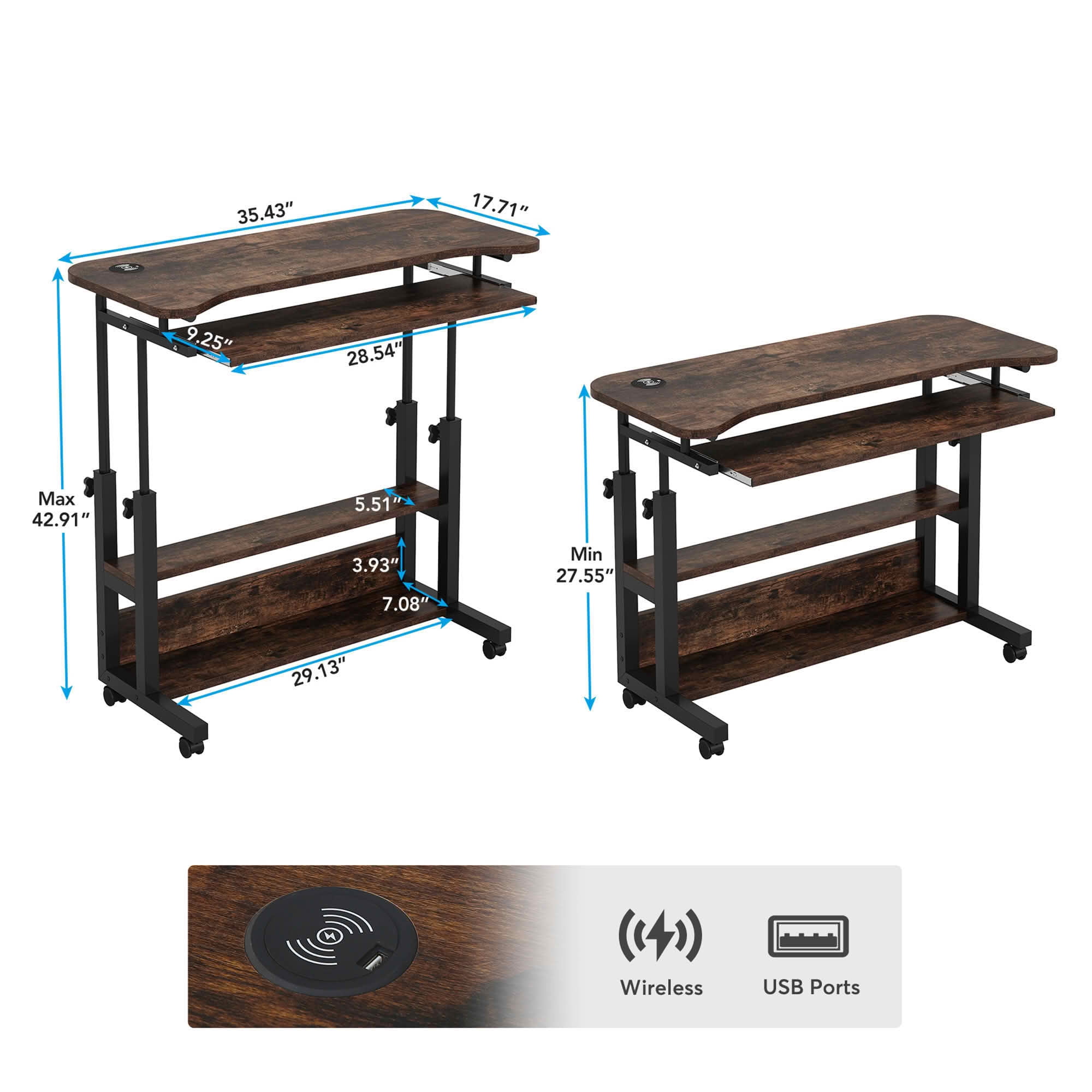 MAYEETY Height Adjustable Mobile Desk Wireless Charging Laptop Desk with Keyboard Tray