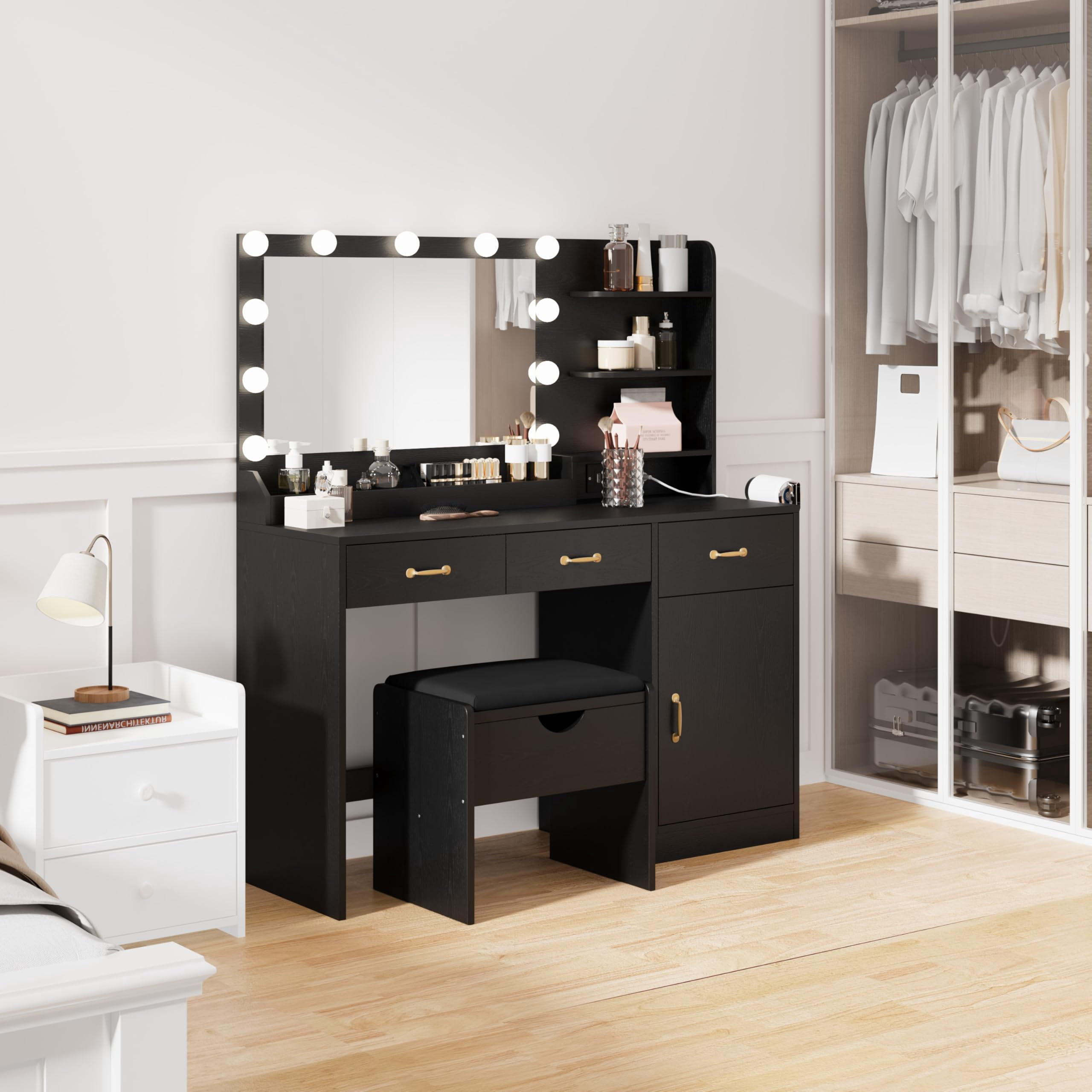 Vanity Desk with Lighted Mirror & Power Outlet, Modern Makeup Vanity Table with Drawers, Cabinets & Stool for Bedroom