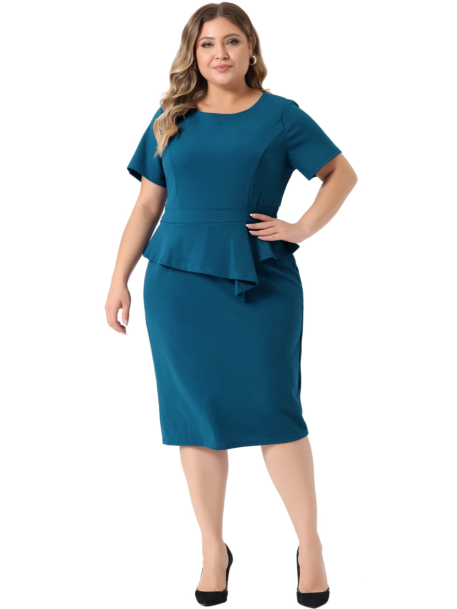 Unique Bargains Women's Plus Size Short Sleeve V Neck Work Bodycon Pencil Dresses 4X Lake Blue