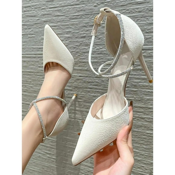 High Heels Sexy Stiletto Pumps Closed Toe Mesh Sparkly Rhinestones Ankle Strap Dress Wedding Party Pumps Shoes Shoes for Women Girls