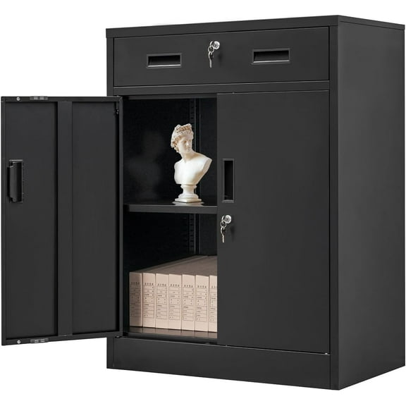 Metal Garage Cabinet with Drawer. Lockable Metal Storage with Doors and Shelve, 36”H Storage Cabinet for Home, Garage, Pantry. (Black)