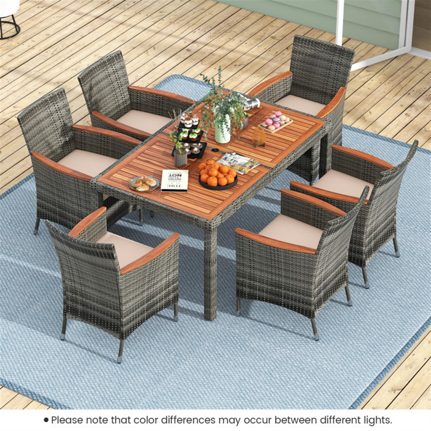 Demi Bonn 7 Pieces Patio Furniture Set, Cushioned PE Rattan Wicker Acacia Wood Dining Set with Umbrella Hole, Conversation Dining for Garden Poolside Balcony, Gray