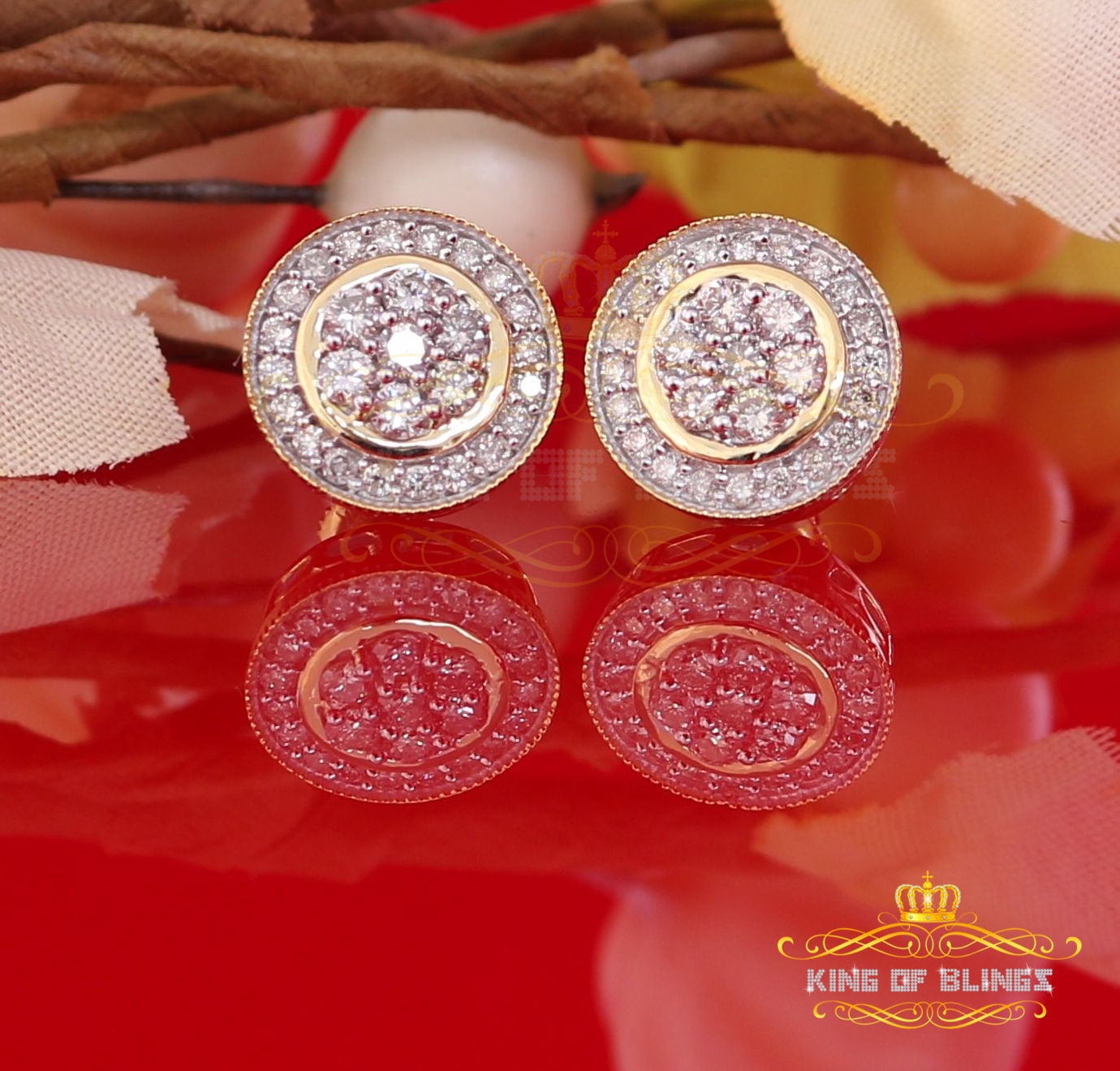King of Bling's 10K Real Yellow Gold Real Diamond 1.05CT Men's/Women's Stud Round Earring
