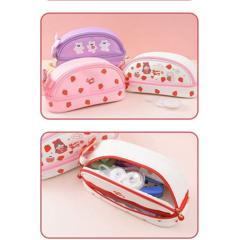 Danceemangoos Danceemangoo Pencil Bag Cute Strawberry Pattern Pencil Case Cartoon Pink Pencil Bag with Bow School Stationery Supplies (White Heart)