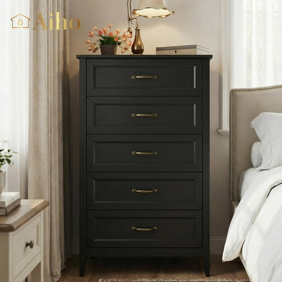 Aiho Farmhouse Dresser for Bedroom, Tall Wood Dresser with 5 Drawer, Chest of Drawers with Metal Handle for Living Room, Hallway, Closet - Black
