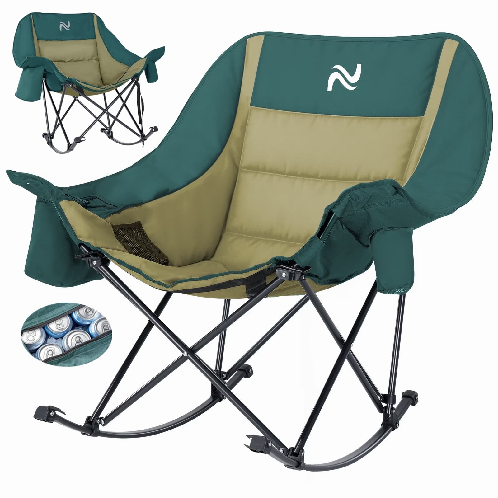 ABORON Oversized Rocking Camping Chair for Adults Folding Rocker Chair with Cooler Bag and Cup Holder Padded Rocking Lawn Chair for Camping Backyard Patio and Beach Supports up to 400 lbs Green