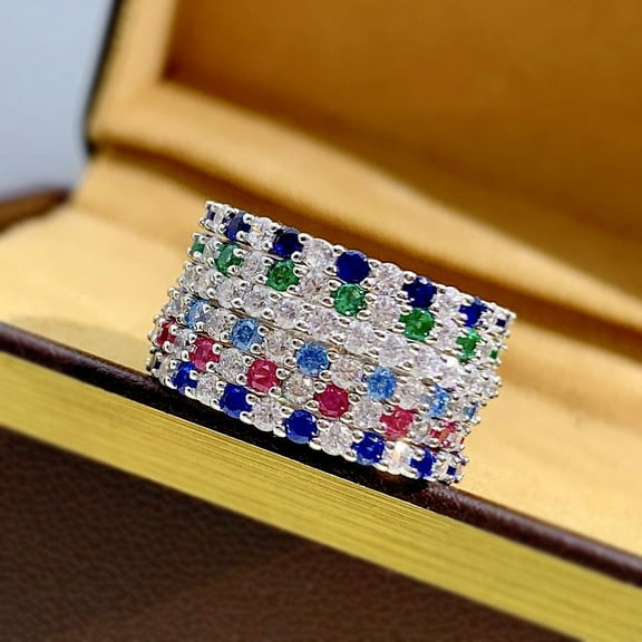 Blue/Green/Red/white/Aquamarine Sapphire Diamond Wedding Band, 925 Sterling Silver Full Eternity Band, Dainty Bridal Band, Delicate Stackable Band, Anniversary Present
