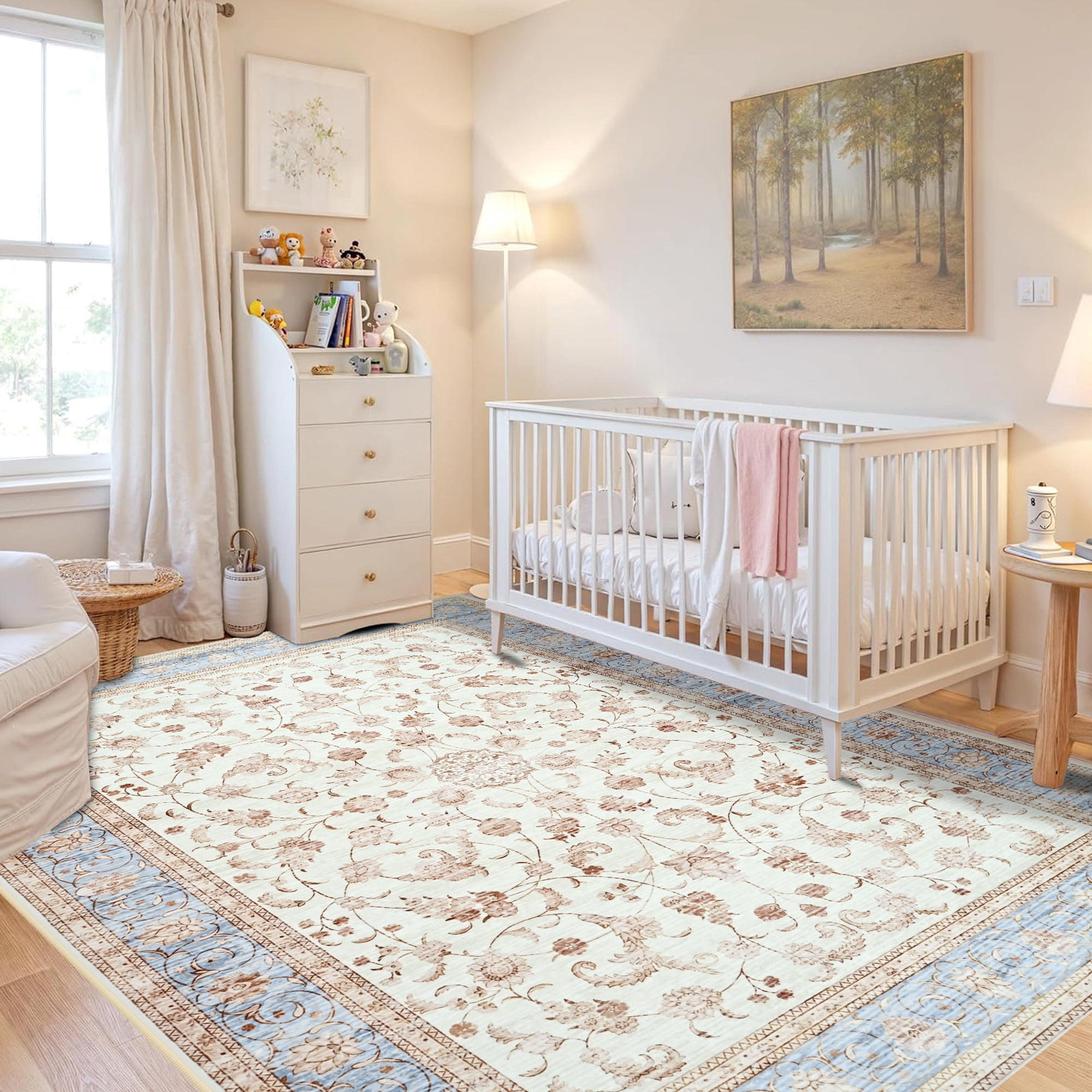 Wondo 4x6 Ft Beige Floral Area Rug - Machine Washable Low Pile Non-Slip Carpet, Boho Vintage Farmhouse Decor for Living Room, Bedroom, Nursery & Office