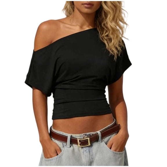 Favoffer Women Casual Tops Short Sleeve Off Shoulder Fitted Solid Slim Blouses Street Dating Daily Vacation