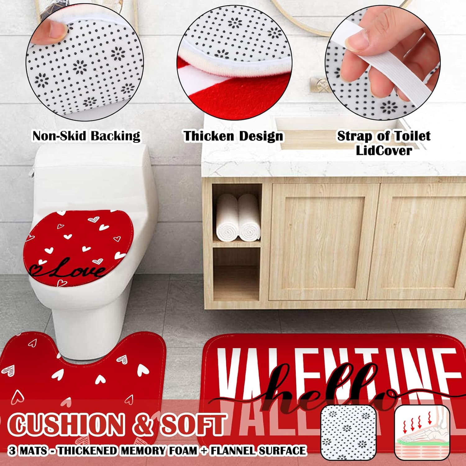 Valentine's Day Shower Curtain Set, Non Slip Rugs Toilet Lid Cover U Shape Bath Mat and 12 Hooks Love Heart Shape Red Bathroom Supplies for Valentines Accessories Decor Set