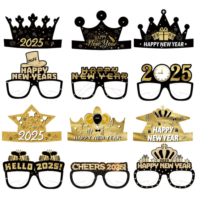 Gafas y sombrero de Feliz Año Nuevo 2025 - Paquete de 12, Suministros para la fiesta de Nochevieja 2025, Suministros para fiestas