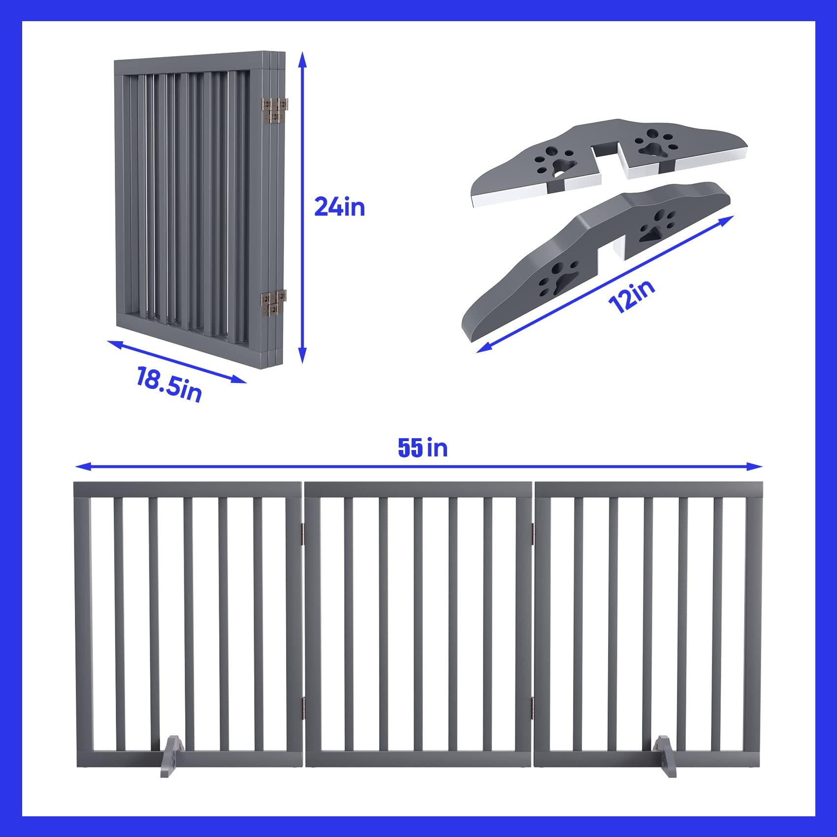Smuxee Freestanding Dog Gate Foldable Pet Fence with Support Feet, Gray, 3 Panel