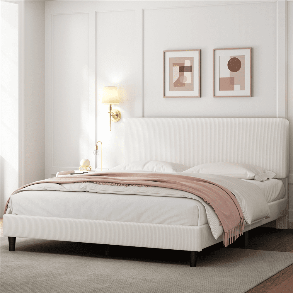 Fullfurnique Cadre de Lit Capitonné avec Tête de Lit Réglable et Lattes en Bois, Double, Beige