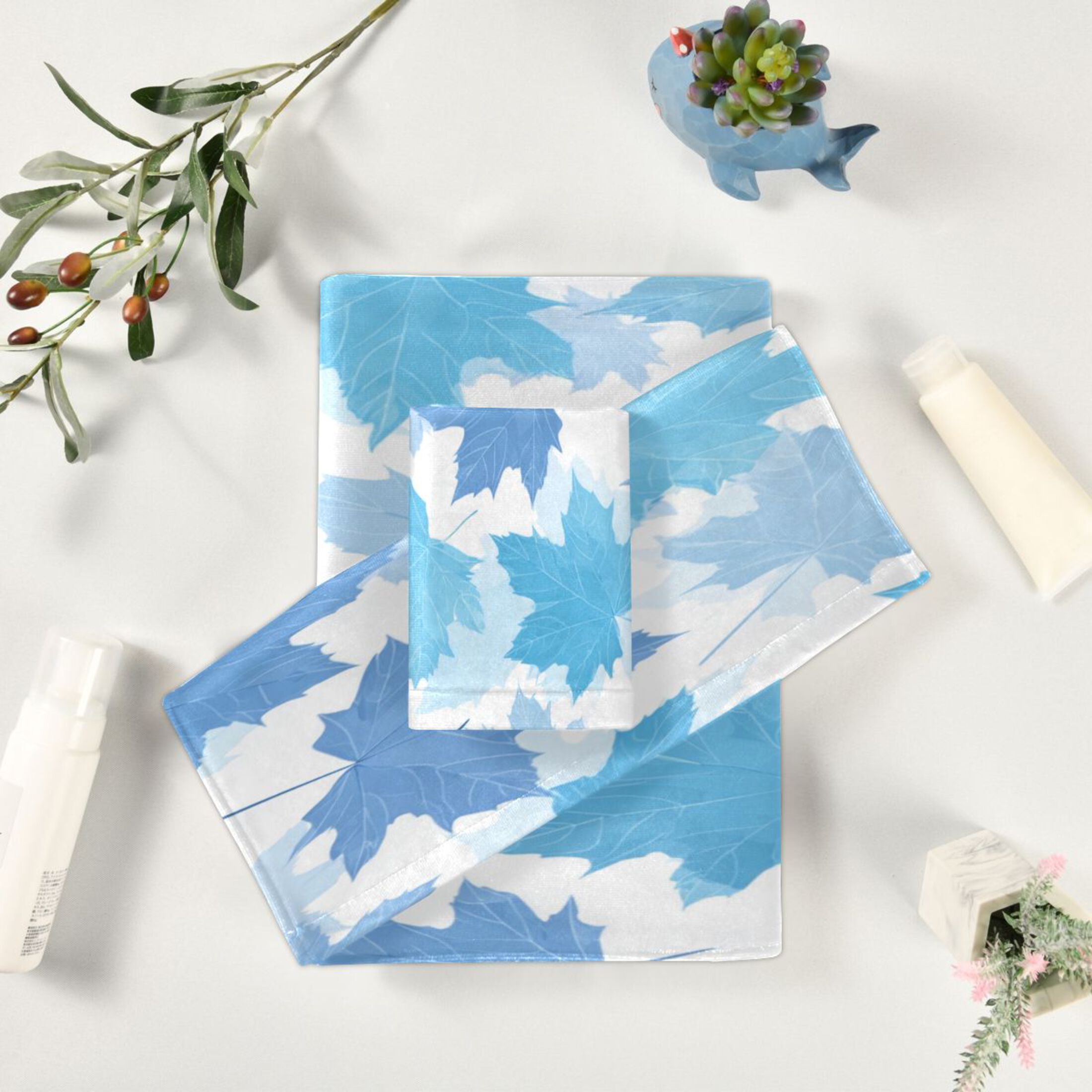 3 Piece Bath Towels Set Bath Towel, Hand Towel and Face Towel for Bathroom, Gym, Hotel Light Blue Maple Leaves
