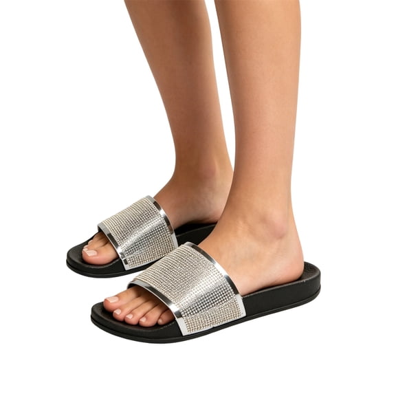 Women's Sparkly Rhinestone Slide Sandals, Round‑Toe Slip On Slippers, Casual Flat Sandals for Party Beach Daily Use