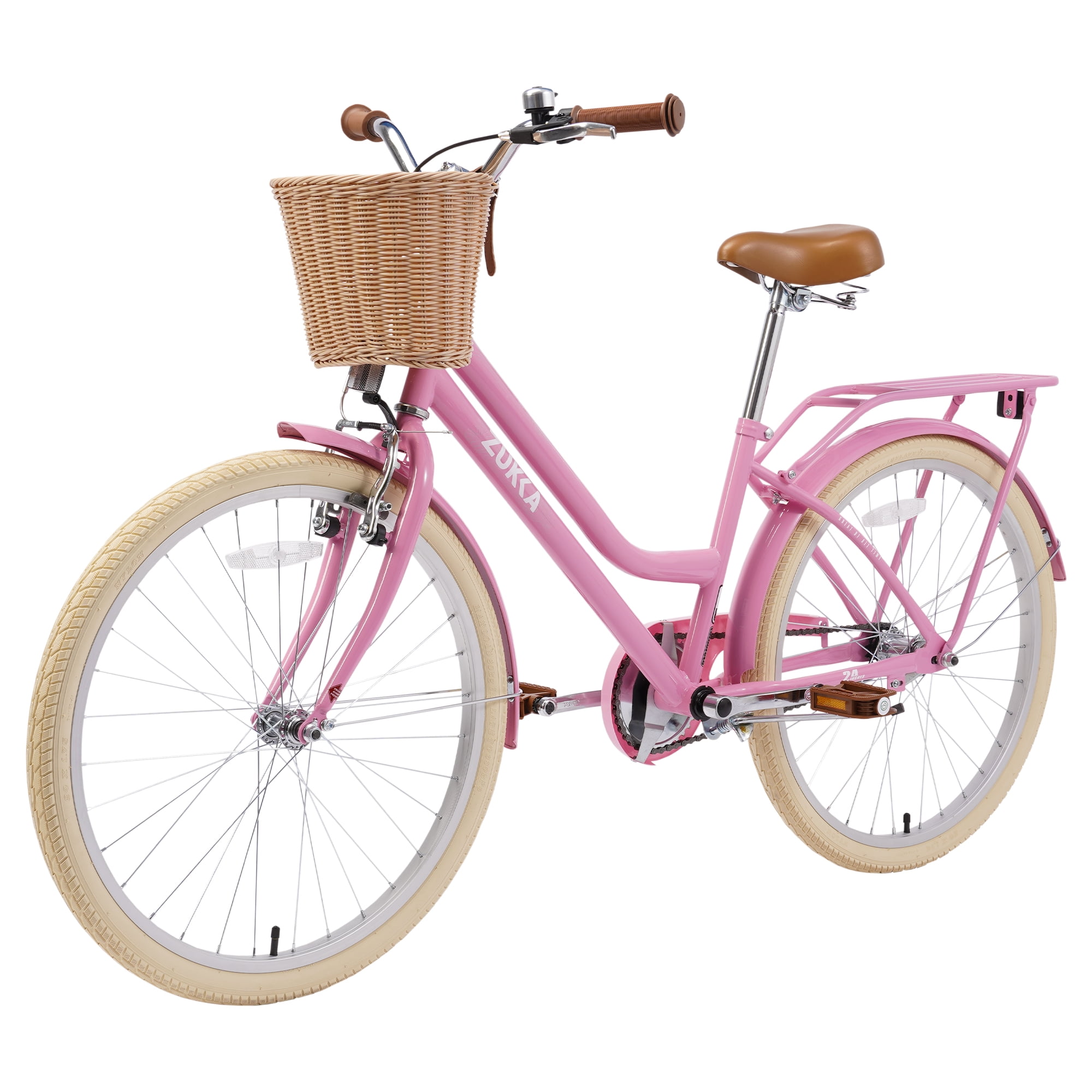 Aukfa 24" Girls Bike with Basket, Cruiser Bike Children's Bicycle for 10+ Years Old Kids, Light Pink