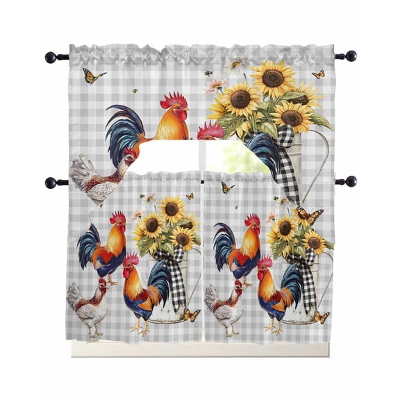 Chicken Sunflowers Kitchen Curtains Swag Valance and Tier Curtains Set 24 Inch Length, Floral Butterfly Gray White Buffalo Plaid Rod Pocket Drape Panels Pair Swag Curtain for Bathroom/Cafe/Window
