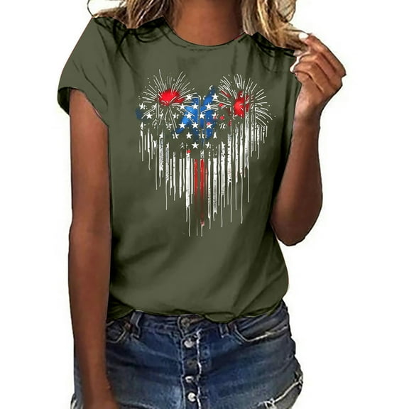 Fartey 4th of July Shirts for Women American Flag Patriotic T-Shirts Cute Independence Day Graphic Tees Summer Crewneck Short Sleeve Patriotic Tops Army Green XXXL