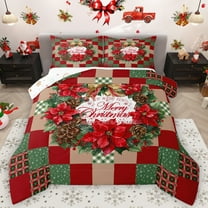Feelyou Christmas Red Poinsettia Full Size Comforter Sets, Happy New Year Bedding Comforter Set, Vintage Red Green Plaid Reversible Bedding Sets, Luxury Bedroom Decor, 3-Piece