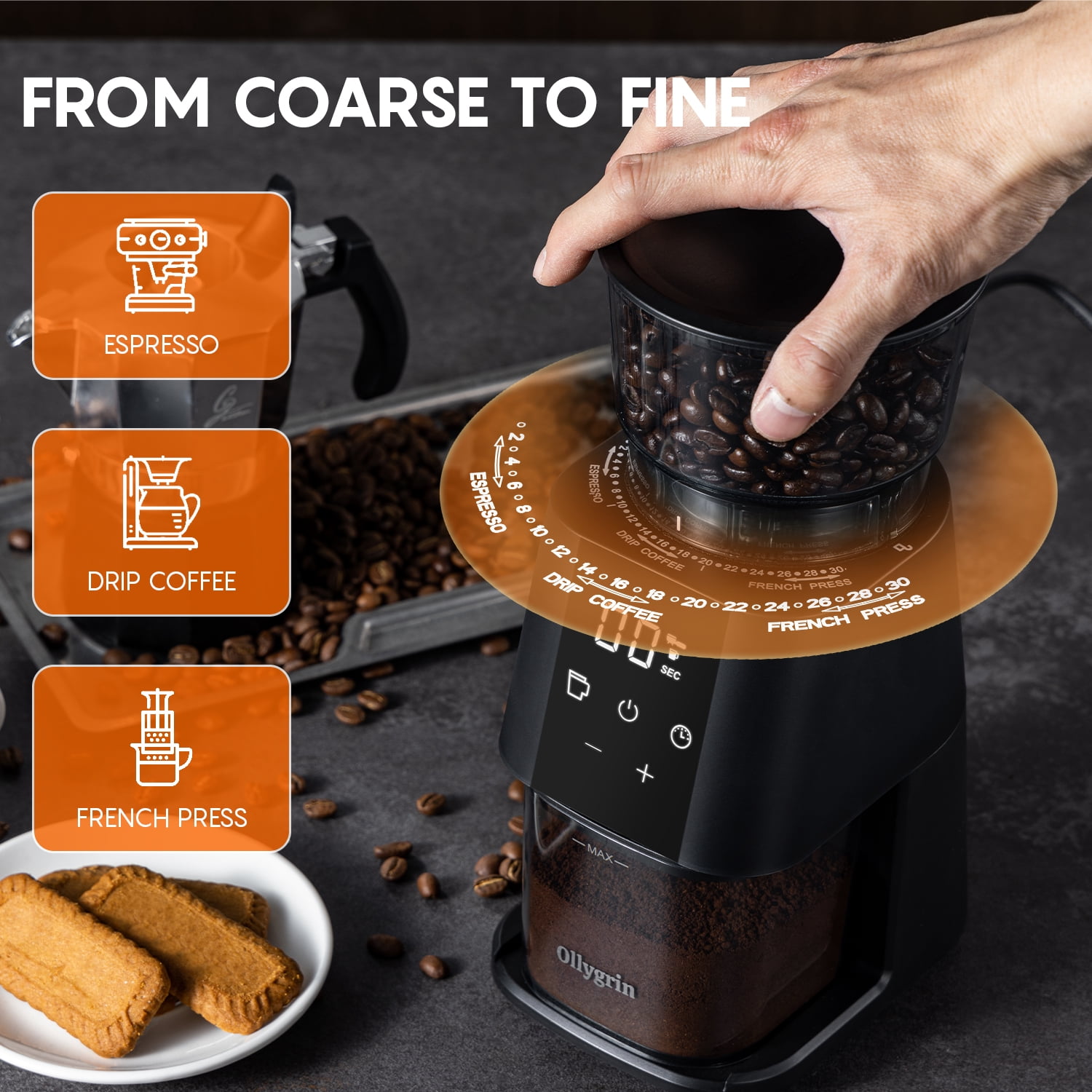 Ollygrin Conical Burr Coffee Grinder Electric Coffee Bean Grinder with LCD Screen 30 Grind Settings Burr Mill Grinder, 2-12 Cups